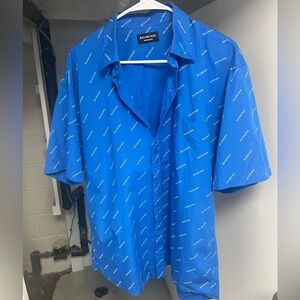 Balenciaga Royal Blue Logo-Print Short Sleeve Dress Shirt